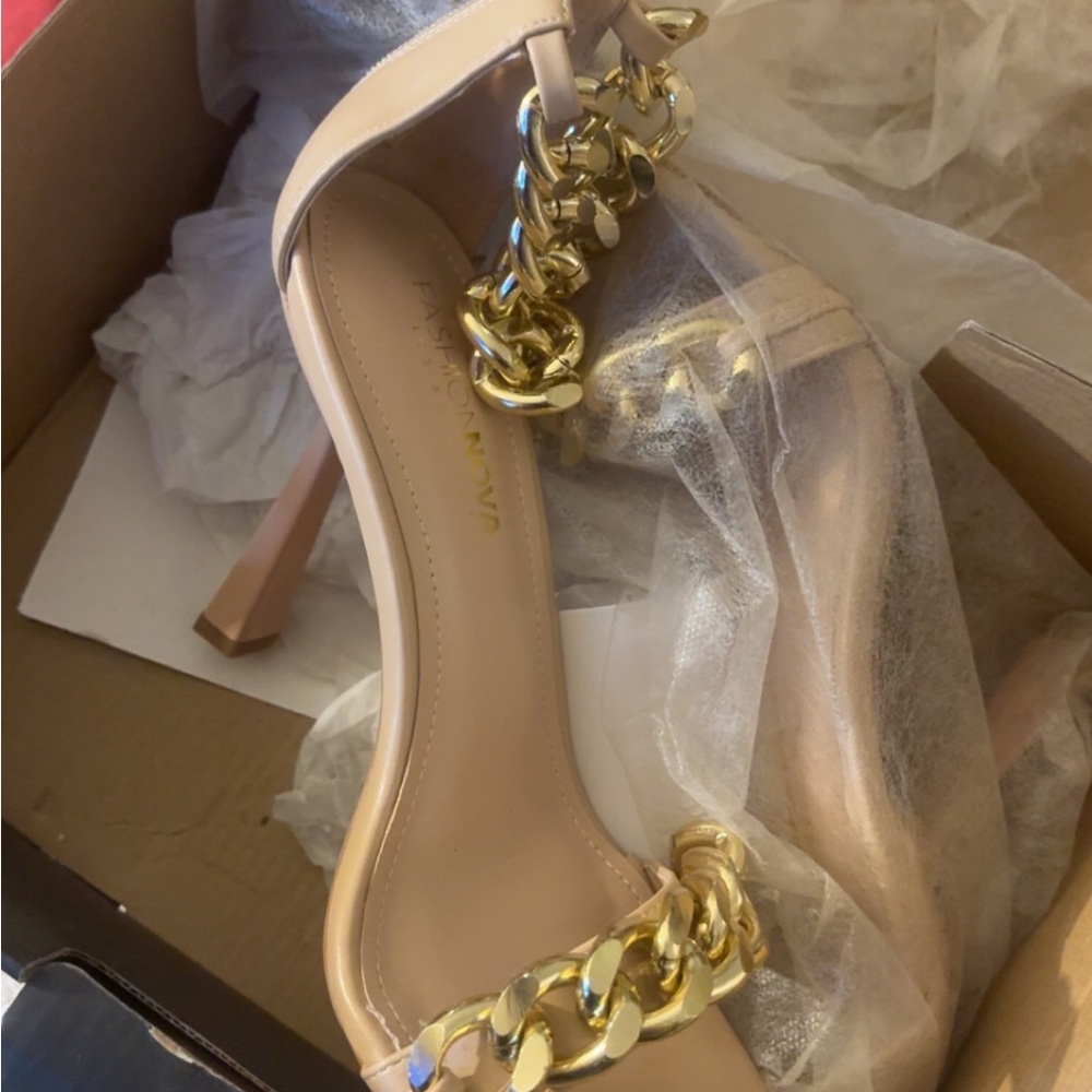 Elegant Nude Chain-Embellished Heels